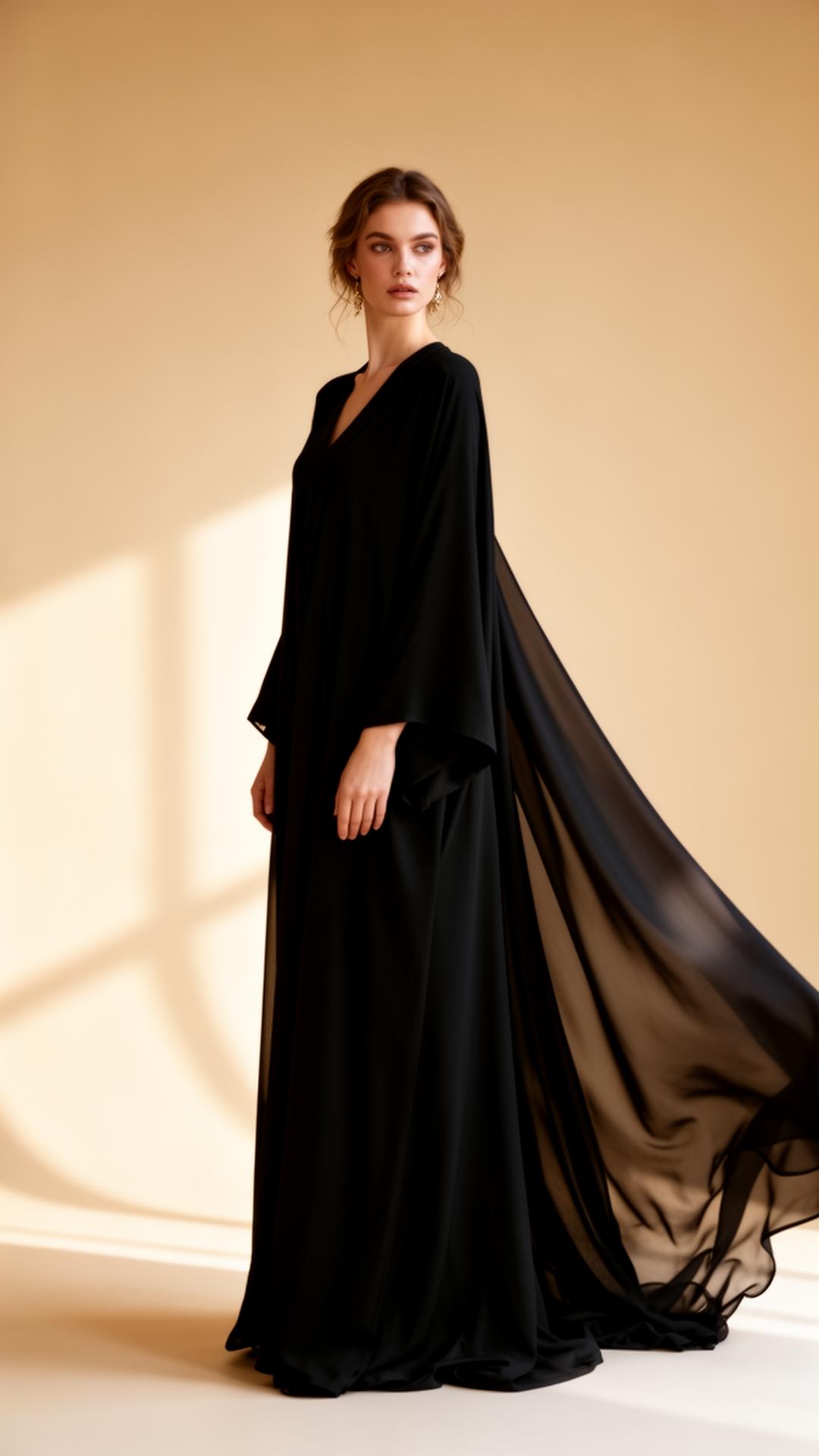 Elegant model wearing a flowing black abaya